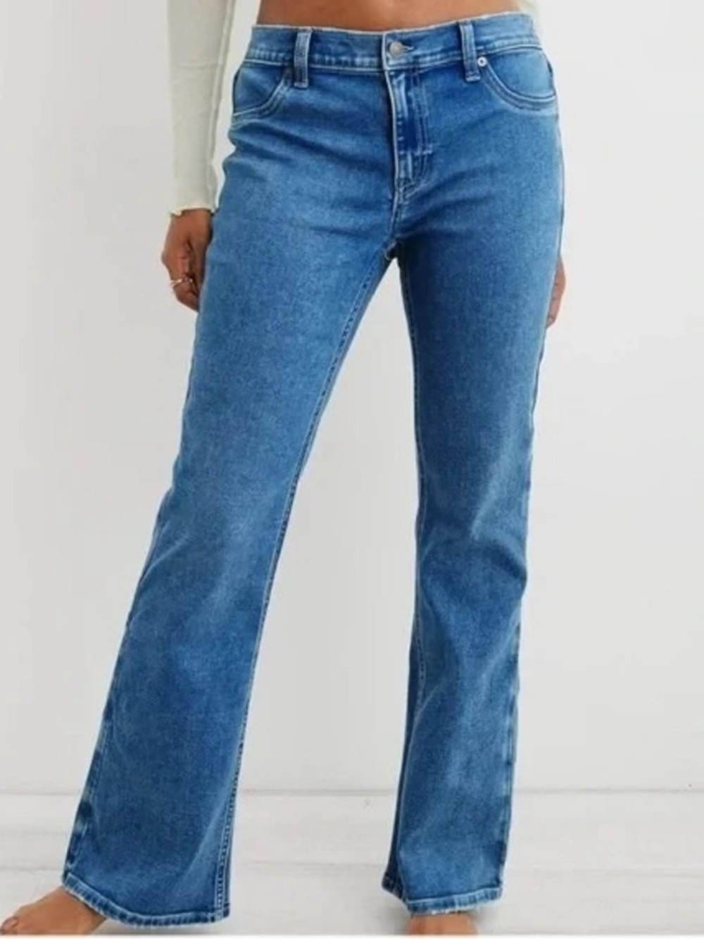 Aerie Pull On Baby Flare Jeans Size Large Medium Blue Stretch Retro Boho 90s